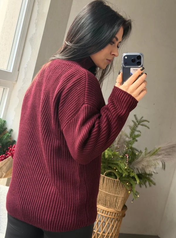 Пуловер подовжений на короткій застібці — бордо