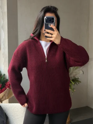 Пуловер подовжений на короткій застібці — бордо