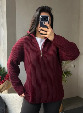 Пуловер подовжений на короткій застібці — бордо