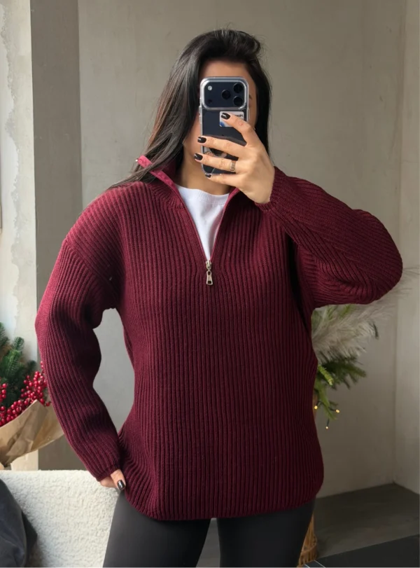 Пуловер подовжений на короткій застібці — бордо