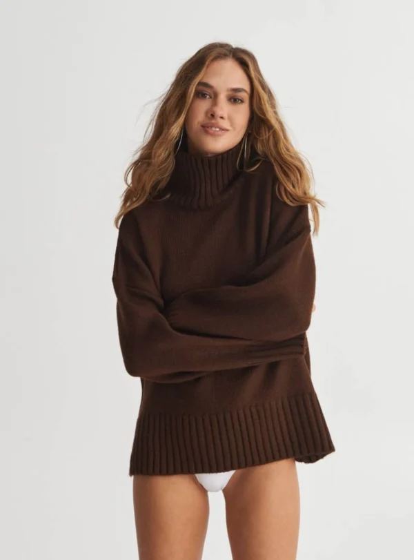 Светр з горлом 70% бавовни — коричневий - Зображення 7