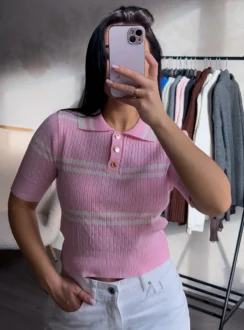 Поло–футболка у смужку — рожевий