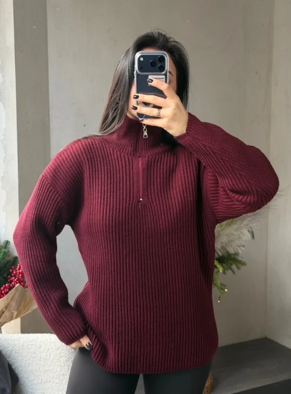 Пуловер подовжений на короткій застібці — бордо - Зображення 2