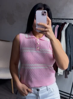 Рожева поло-майка у білу смужку