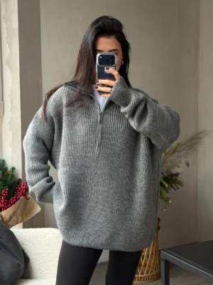 Подовжений пуловер на короткій застібці — сірий
