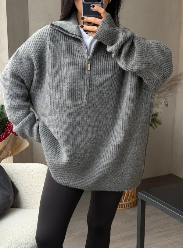 Подовжений пуловер на короткій застібці — сірий - Зображення 4