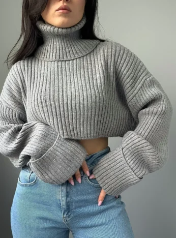 Светр вкорочений сірий з довгими рукавами One size