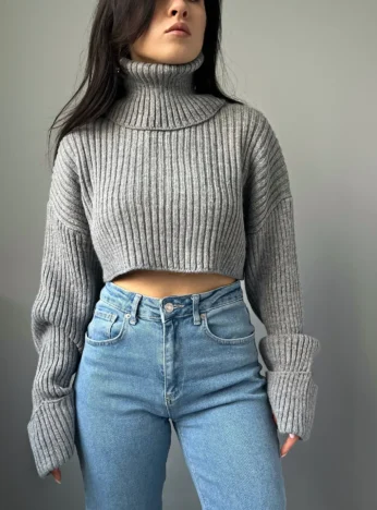 Светр вкорочений сірий з довгими рукавами One size