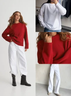 образ з червоним светром + лонг+джинси білі