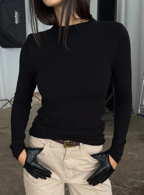 Лонгслів з прямим коміром + кашеміровий купаж - чорний - Image 3