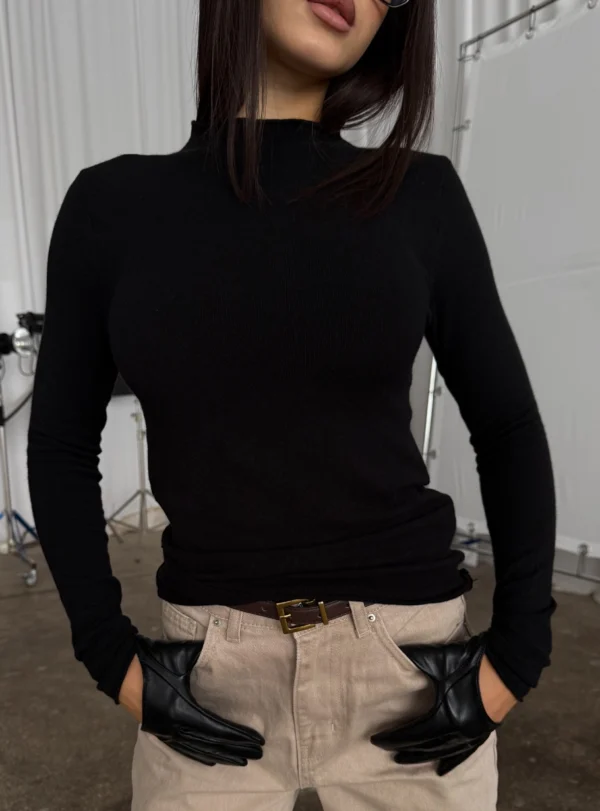 Лонгслів з прямим коміром + кашеміровий купаж - чорний - Image 2