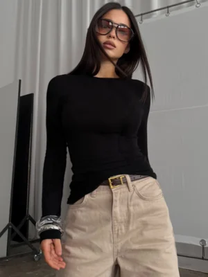 Wool blend long coat without collar - black