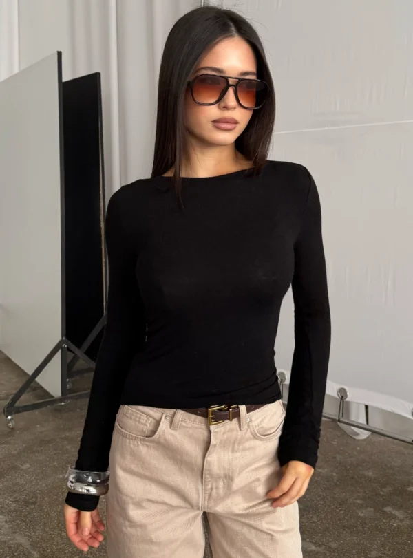 Wool blend long coat without collar - black