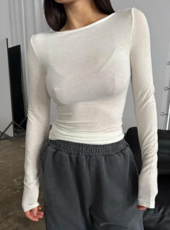 Wool blend long coat without collar - milky